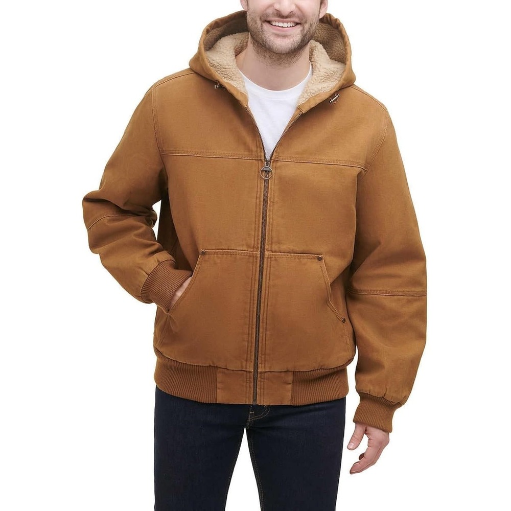 G.H.BASS & CO. Men's Tan Cotton Canvas Sherpa Lined Hooded Work Jacket Bomber L
